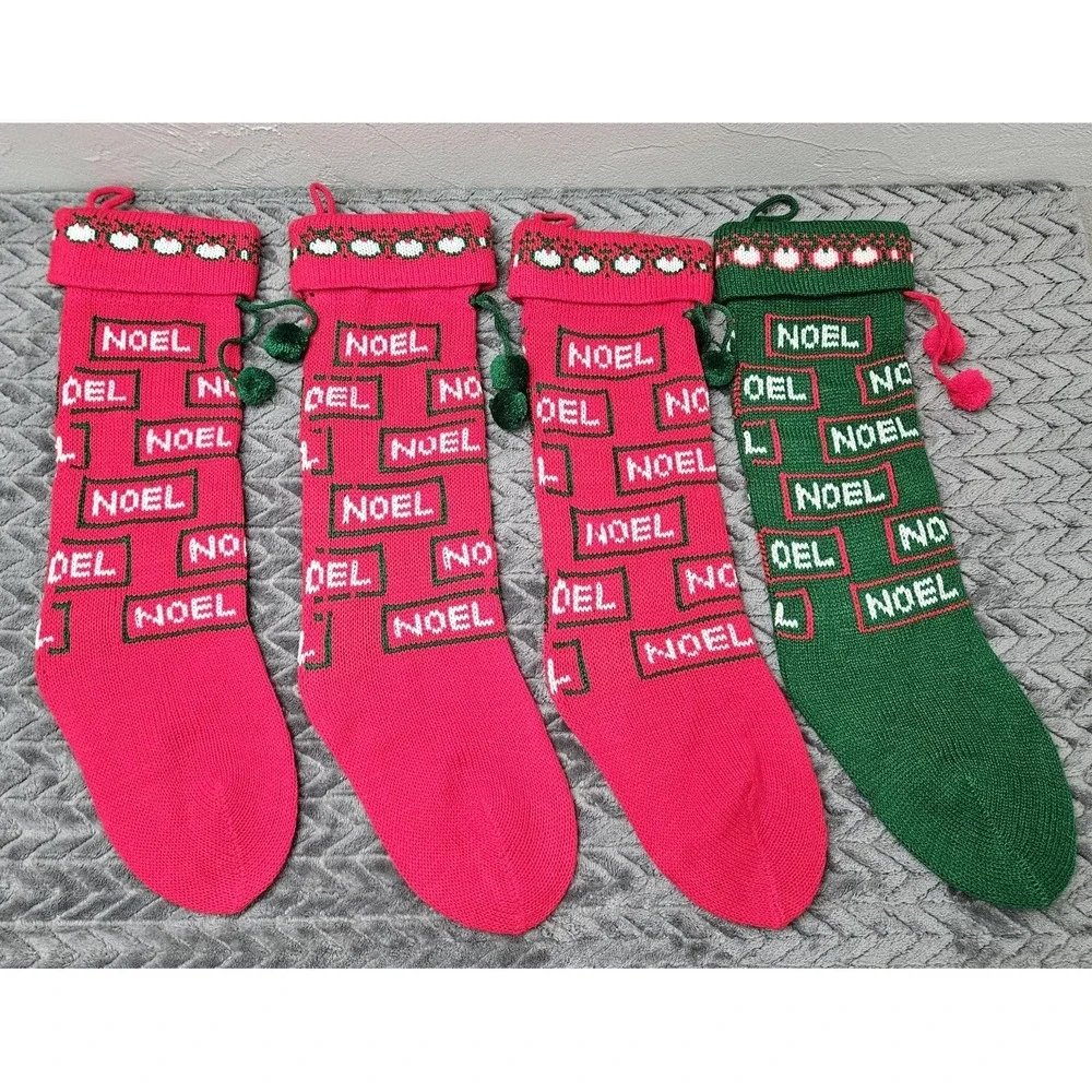 Vintage‎ 4 Knit Pom Pom Christmas Stockings Lot NOEL 3 Red 1 Green Bundle